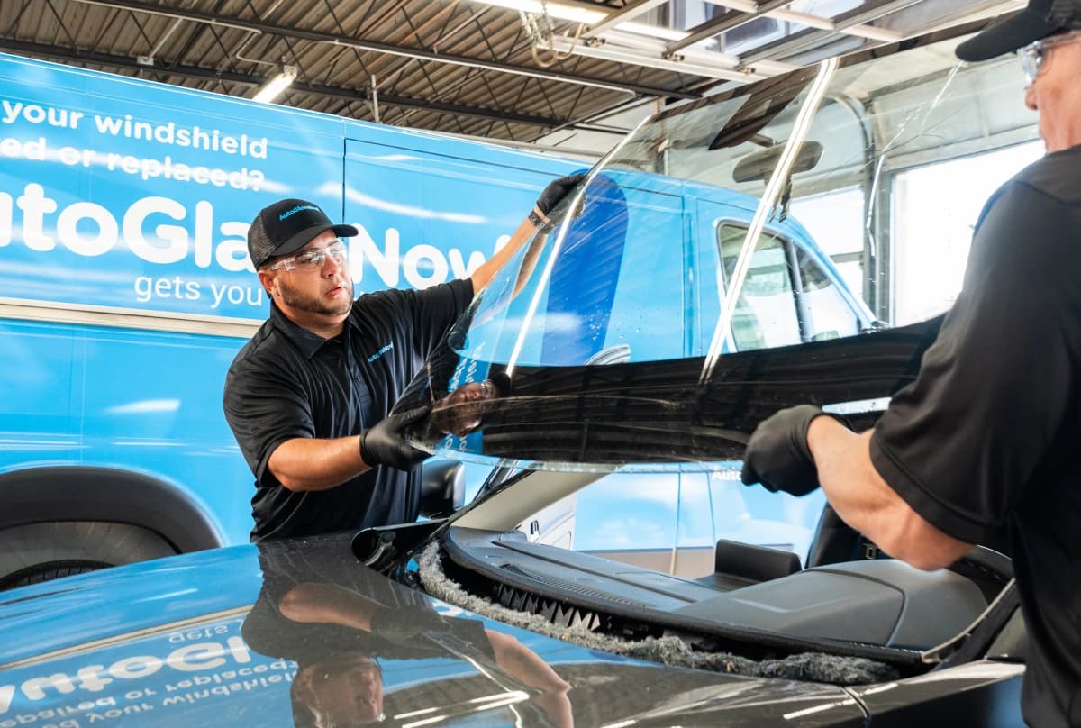 Technicians replacing windshield