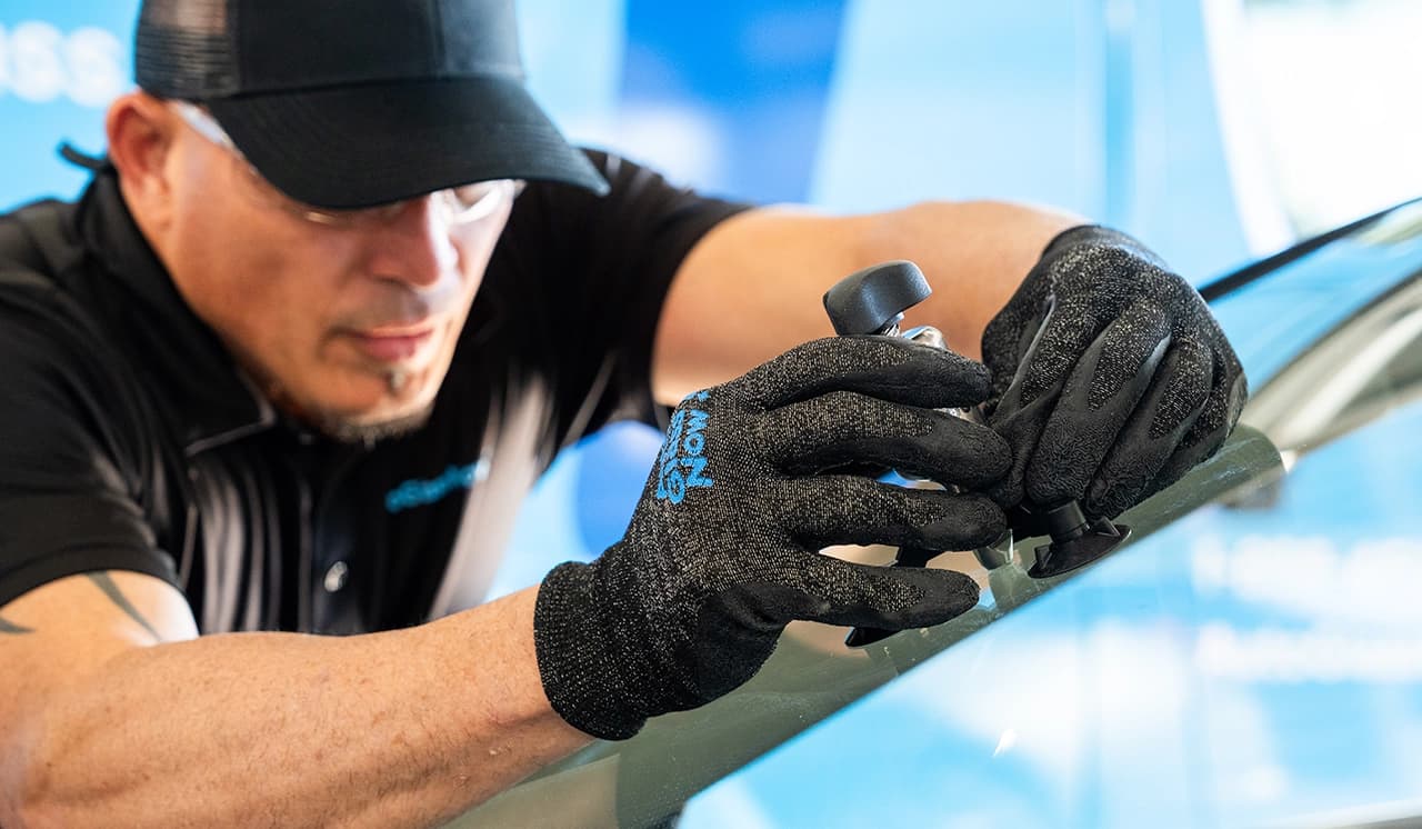 Technician repairing windshield.